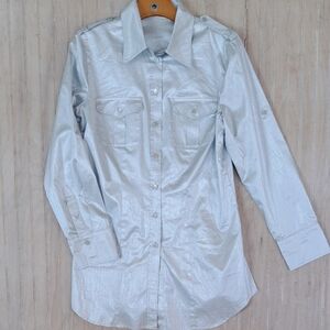 Luisa Cerano Silver Metallic Dressy Long Sleeve Utility Button Down Tunic Blouse